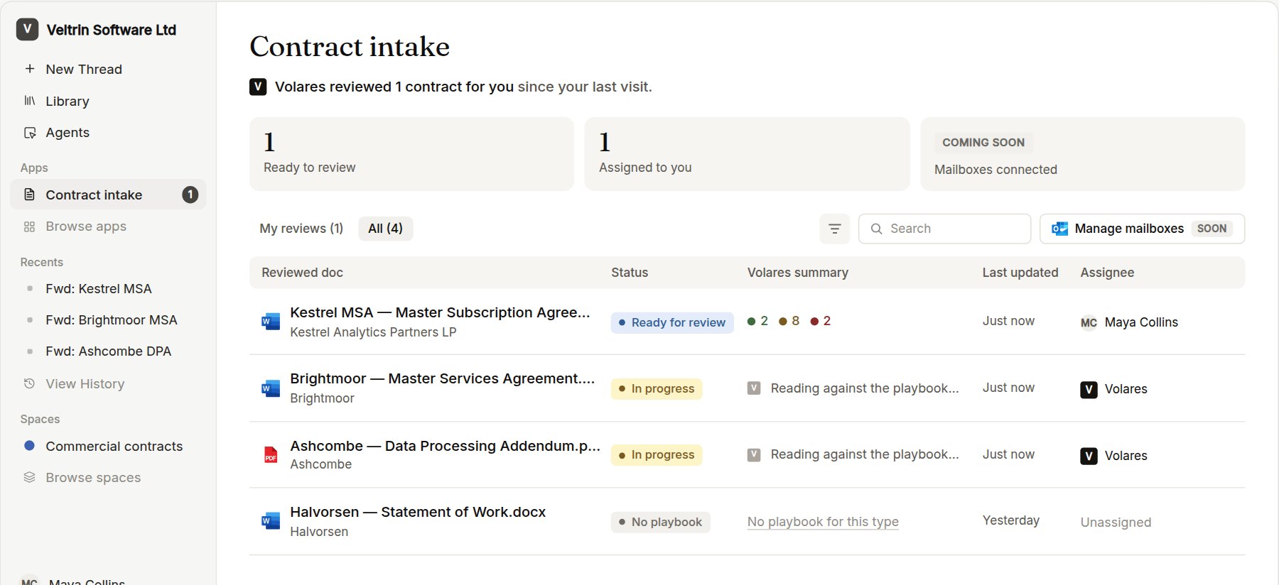 Contract intake for a demonstration company's legal team: one contract reviewed against its playbook with its verdict counts, two still being read, and one with no playbook for its type.