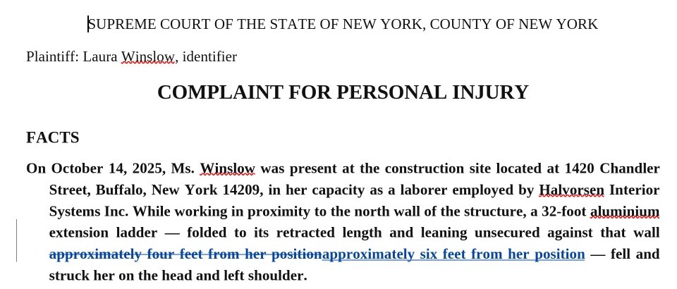 A complaint open in Word on a demonstration firm's letterhead, with one proposed change shown as a tracked change: the old wording struck through, the new wording inserted.