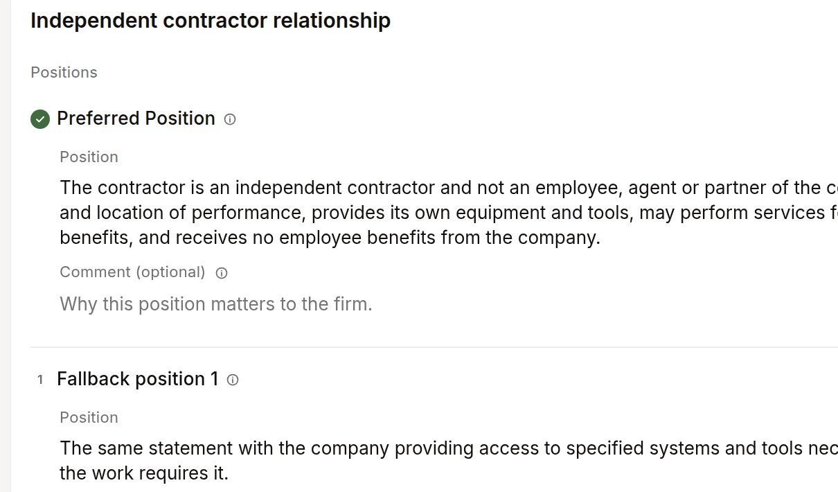A playbook rule on a demonstration firm, Independent contractor relationship, with its preferred position written out in full and a fallback position beneath it.