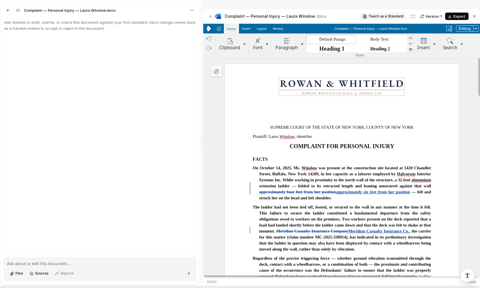 A New York complaint on a demonstration matter in the Volares editor, with its light document-chat panel beside it