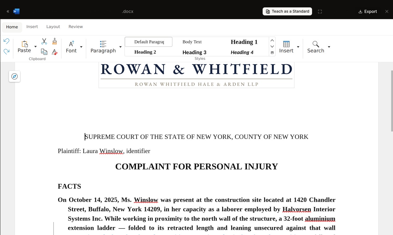 Teach as a Standard in the editor's own toolbar, over a document on the firm's letterhead
