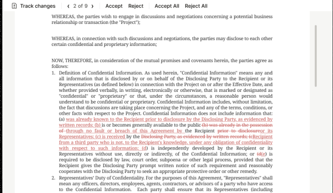 Accept and Reject controls above a tracked change on a demonstration matter.